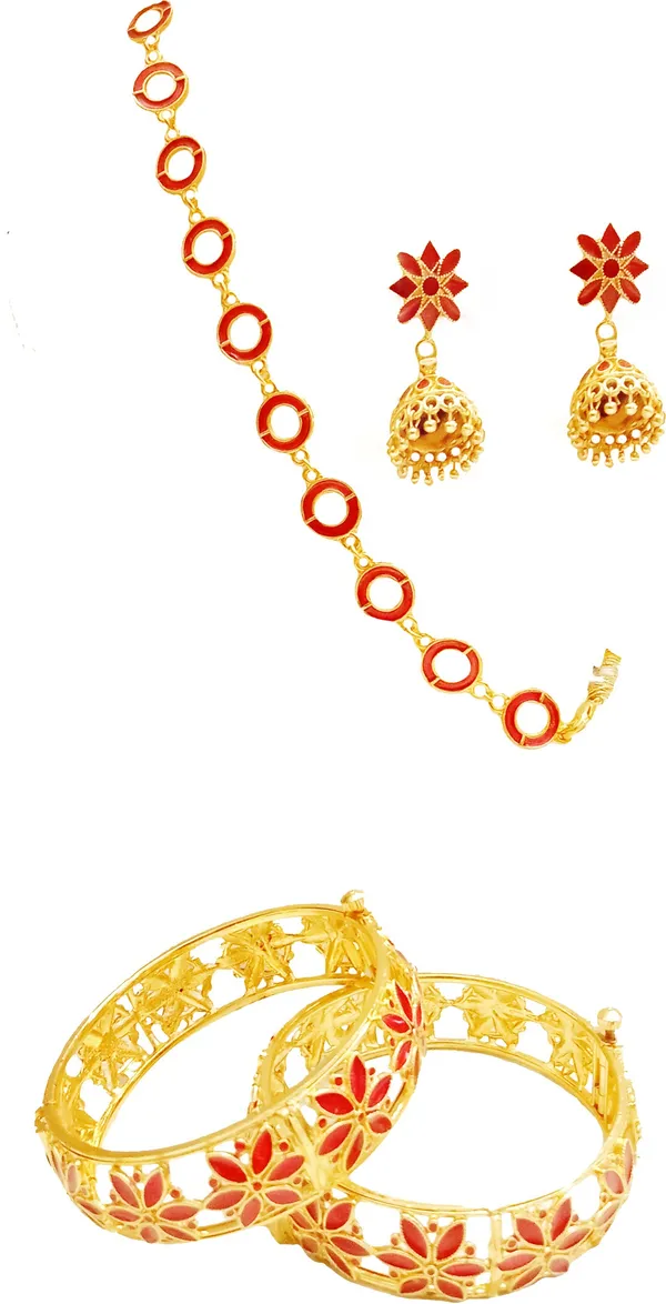 Assamese_Traditional_Gold_Plated_Red_Colour_Combo_Jewellery_Set_For_Women